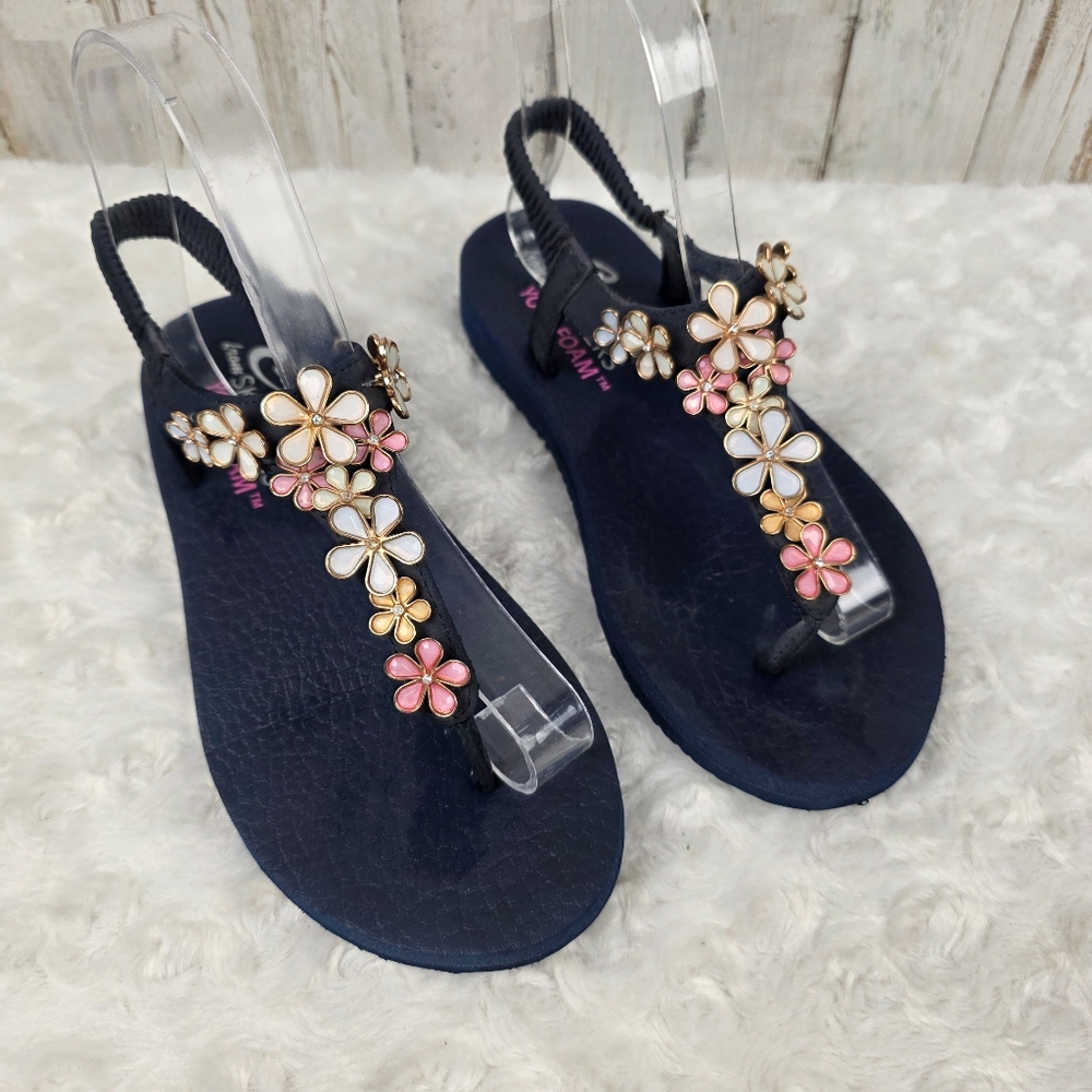 Skechers Meditation Glass Daisy Navy Multi Womens Slingback Thong Sandals Size 6